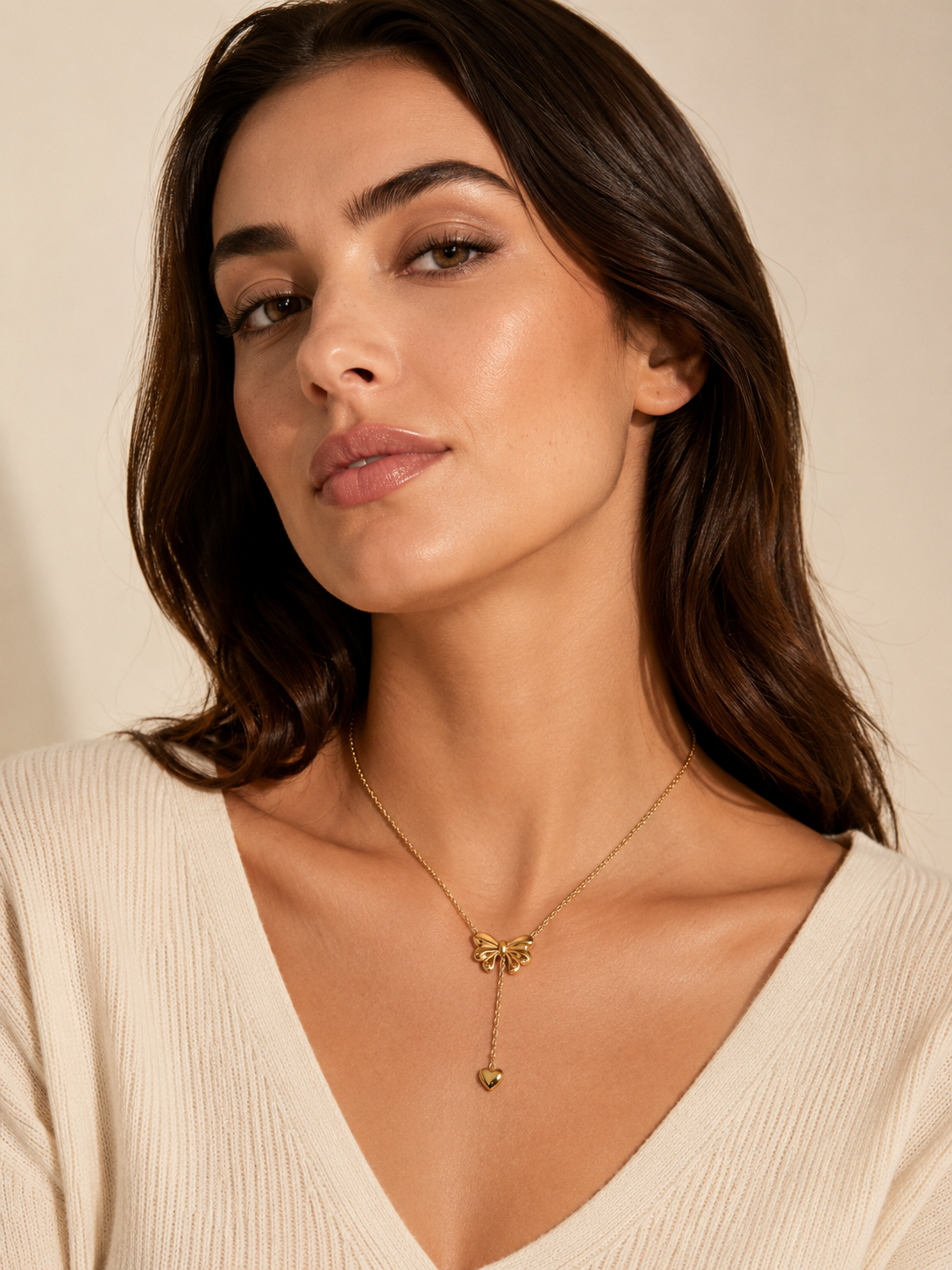 Golden Bow Heart Drop Necklace
