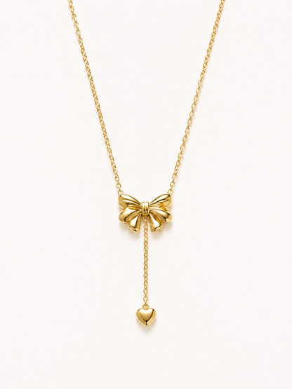 Golden Bow Heart Drop Necklace