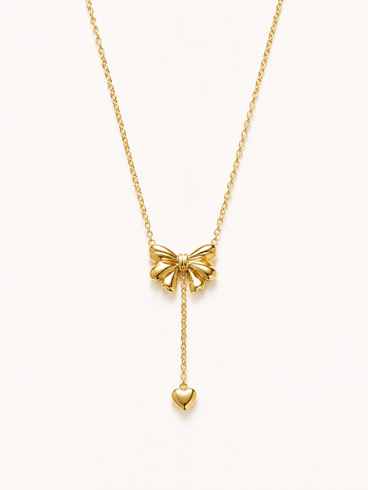 Golden Bow Heart Drop Necklace